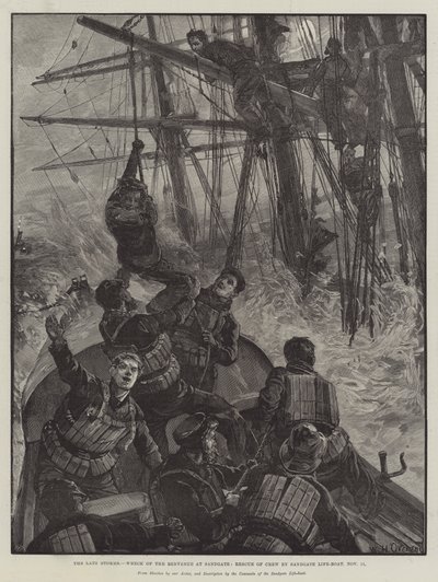 The late Storms, Wreck of the Benvenue at Sandgate, Rescue of Crew by Sandgate Life-Boat, 11 November by William Heysham Overend