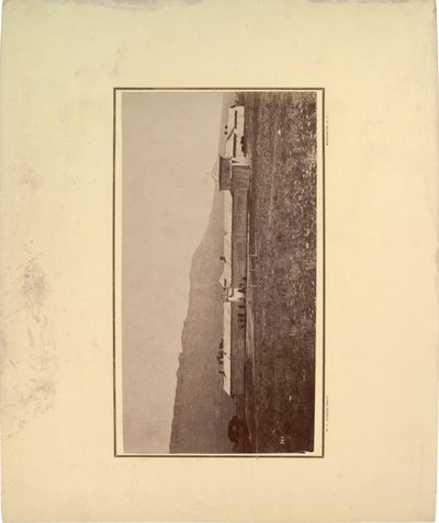 View of a stockade with several men gathered at entrance gate, 1871 by William Hicks Jackson