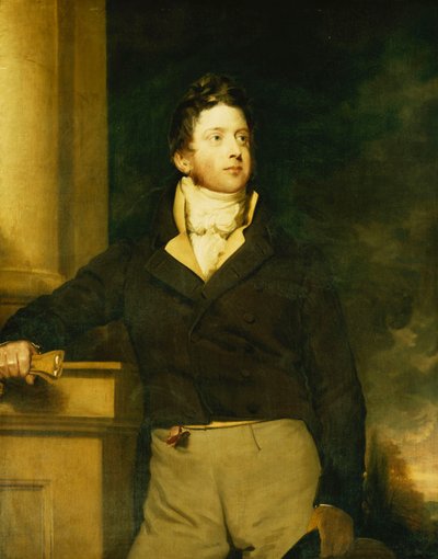 Portrait of a Gentleman, Standing, Three-Quarter Length, Wearing a Brown Jacket with White Jabot, in a Landscape by William Hilton