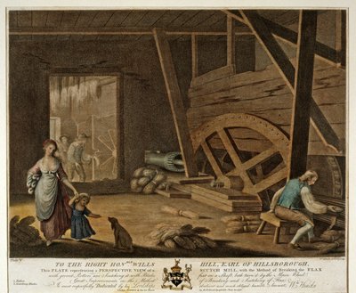 Interior View of a Scutch Mill, Plate V of The Linen Manufactory of Ireland, 1791 by William Hincks