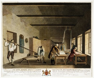 To the Right Honorable Lord Viscount Kingsborough... This Plate Representing a Perspective View of a Lapping Room, with the Measuring, Crisping or Folding the Cloth in Lengths, Plate XI, The Linen Manufacture by William Hincks