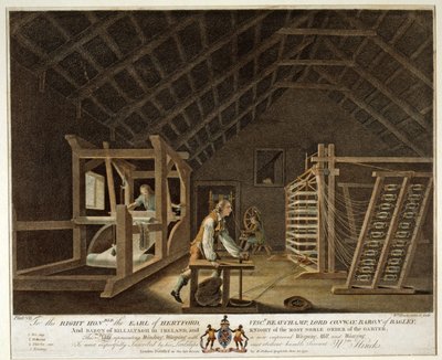 Winding, Warping with a New Improved Warping Mill and Weaving, Plate VII of The Linen Manufactory of Ireland, 1791 by William Hincks