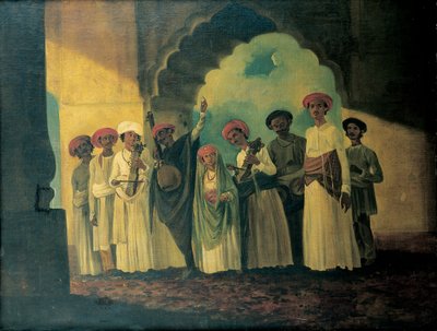 Group of Indian Musicians Playing a Sarangi, a Tambura and Tablas, with a Girl Dancing on a Terrace by William Hodges