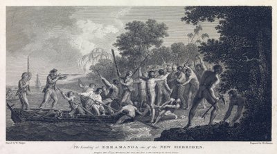 The landing at Erramanga, showing the crew of a canoe fighting with warriors from the island by William Hodges