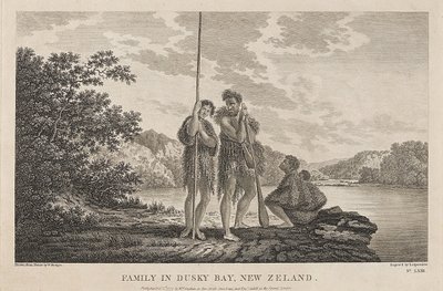 View of the Bay of Islands, with a Maori family. Engraving from a drawing by William Hodges, around 1785 by William Hodges