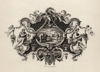 Impression from a silver tankard, engraved by E. Chavane, from The Works of William Hogarth, published 1833 by William Hogarth