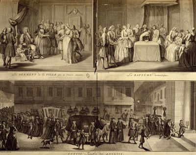 Judgment of young pregnant woman, baptism and funeral by William Hogarth