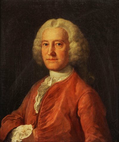 Portrait of Samuel Martin, Bust Length, in a Pink Coat, White Stock and Lace-Edged White Shirt, with His Right Hand Tucked into His Jacket by William Hogarth