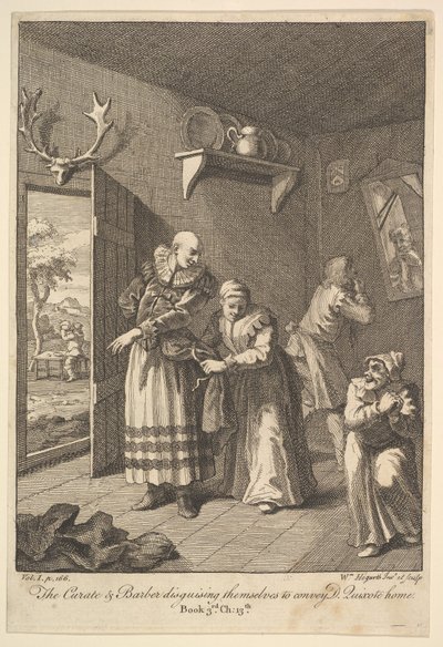 The Curate and the Barber Disguising Themselves to convey Don Quixote Home Six I..., 1756 or after by William Hogarth