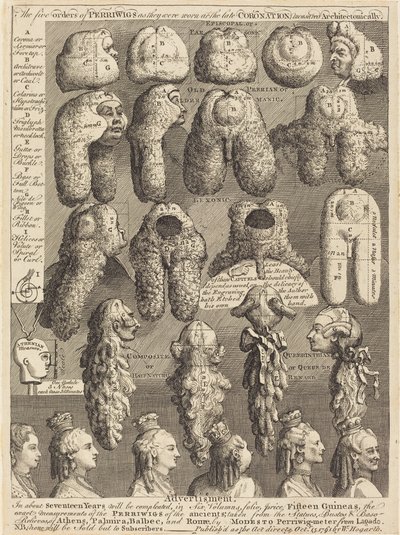 The Five Orders of Perriwigs as They Were Worn at the Late Coronation, Measured Architectonically by William Hogarth