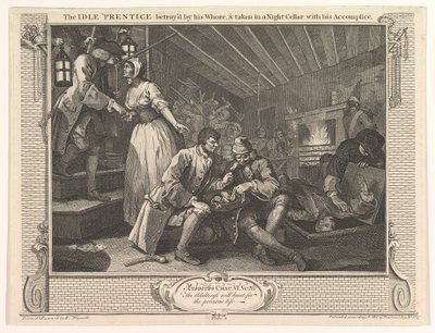 The Idle Prentice Betrayed by his Whore and Taken in a Night Cellar by William Hogarth