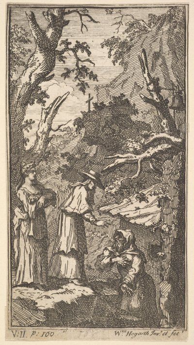 The New Metamorphosis, Plate 7: The Cardinal, a Hermit and Donna Angela Holding Fantasio, 1724 by William Hogarth