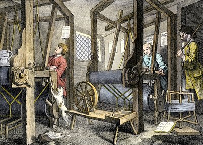 Workshop and Worker with Weaving Material in Spitalfields, England by William Hogarth