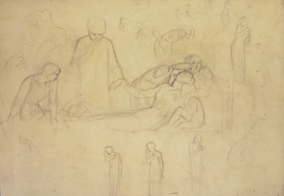Studies for the figures of the Doctor, Mourners and Minerva by William Holman Hunt
