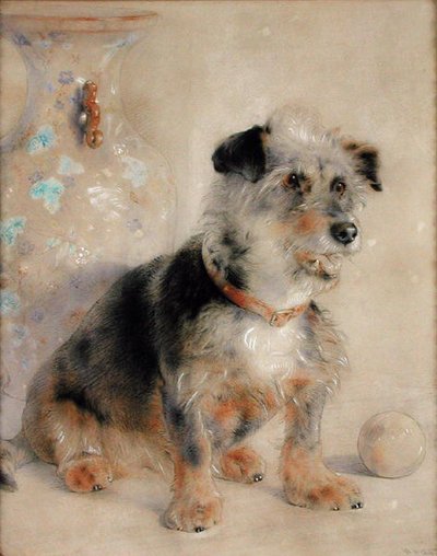 Terrier seated before a Canton Famille Rose Vase by William Huggins