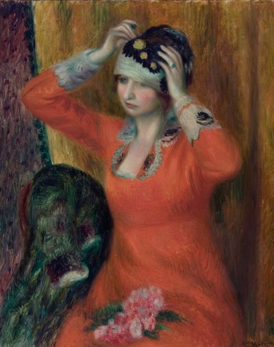 Girl in Red Dress Pinning on Hat by William James Glackens