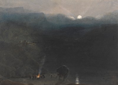 Mauritius - Moonlight, with Charcoal Burners Fire in the Black River Gorge by William John Chamberlayne