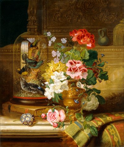 A Vase of Assorted Flowers and Songbirds on a Ledge by William John Wainwright
