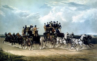 The Brighton Day Mails passing over Hockward Common, engraved by Charles Hunt by William Joseph (after) Shayer