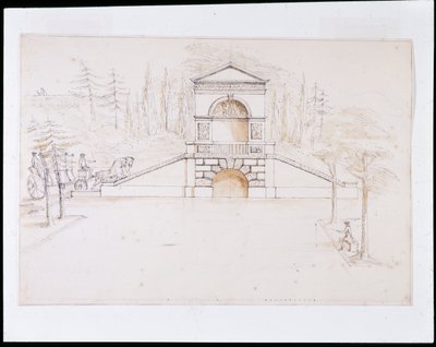 Chiswick, design for a pedimented cascade combined with a road bridge at the end of the canal by William Kent