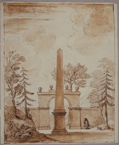 Chiswick, View of the Burlington Lane Gate, the Obelisk in the Foreground, and Kent with Dog by William Kent