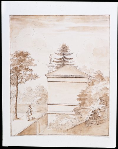 Chiswick, View of the Side of the Deer House Taken from the Inner Embankment of the Ha-Ha of the Deer Enclosure and with a Glimpse of the Doric Column (pen & wash on paper) by William Kent