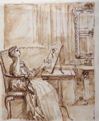 Lady Burlington Sitting in Her Garden Room Admiring an Old Master Drawing by William Kent