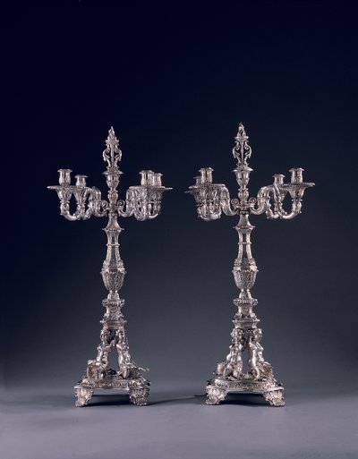 Pair of highly important German four-light candelabra, commissioned for George II, made by Balthasar Friedrich Behrens, Hanover, 1736-37 by William Kent