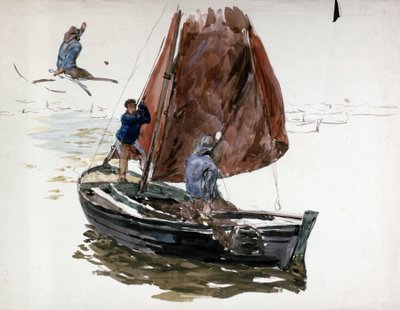 A man and a boy aboard a small sailing boat by William Lionel Wyllie