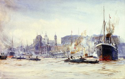 Activity Scene Along Irongate Quay, on the Thames (England), with Tower Bridge in the Distance by William Lionel Wyllie
