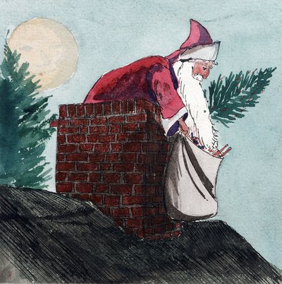 Santa Claus, coming down through a chimney, pulling a bag full of toys and a Christmas tree. Watercolor, early 20th century, by William Lionel Wyllie by William Lionel Wyllie
