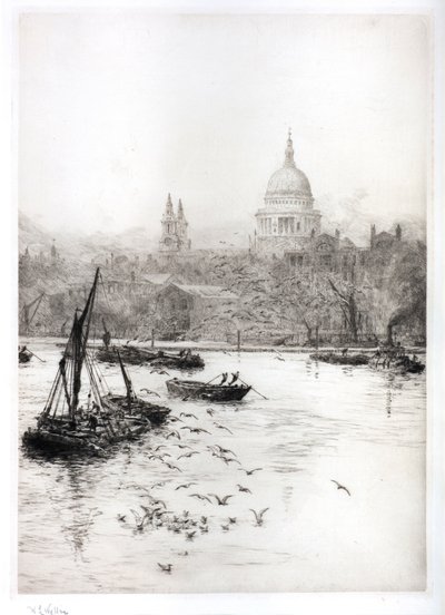 Shipping and Gulls Below St Pauls by William Lionel Wyllie
