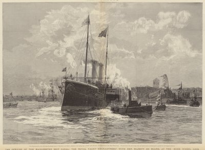 The opening of The Manchester Ship Canal, the Royal Yacht Enchantress with Her Majesty on Board, at the Mode Wheel Lock by William Lionel Wyllie