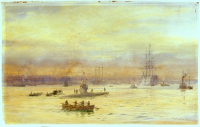 This view looks up the harbour on the Gosport side where a submarine is running in, with another ahead of it. by William Lionel Wyllie