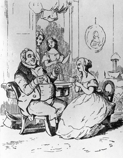 Mr Joseph Sedley Entangled by Becky Sharp, Illustration for 1st Chapter of Vanity Fair, Novel by William Makepeace Thackeray, Engraving after Drawing by William Makepeace Thackeray, Published in Chicago in 1882 by William Makepeace Thackeray