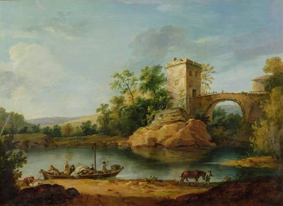 A Wooded Italianate River Landscape with Peasants in a Barge and a Bridge Beyond, c.1770 by William Marlow