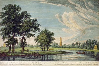 Kew, A View of the Lake and Island Seen from the Lawn, with the Bridge, the Temples of Arethusa and Victory and the Great Pagoda in the Royal Gardens at Kew by William Marlow