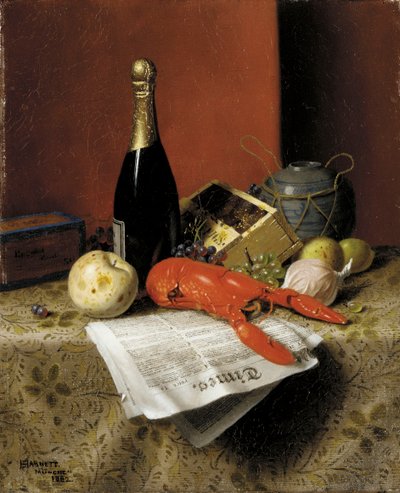 Still Life with Lobster, Fruit, Champagne and Newspaper by William Michael Harnett