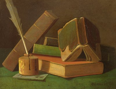 Still life with books and ink well by William Michael Harnett