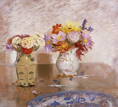 Two Vases of Flowers and a Blue Plate by William Nicholson