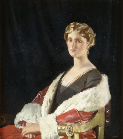 Portrait of Nancy Oswald Smith, Seated Half Length, in a Red Fur-Lined Coat by William Orpen