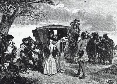 Highwayman Claude Duval depicted in the legendary moment when he declines to take all his loot if the wife of his victim dances a 