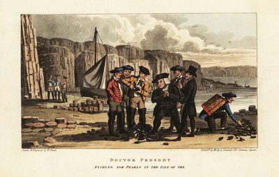 English tourists watch Scottish fishermen opening pearl oysters on the Isle of Skye, Scotland by William Read