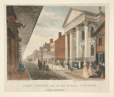 High Street, with the First Presbyterian Church, Philadelphia by William Russell Birch