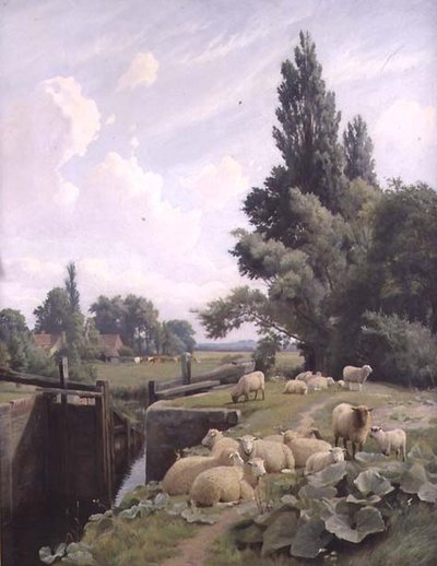 Landscape with a Canal Lock and a Flock of Sheep by William Sidney Cooper