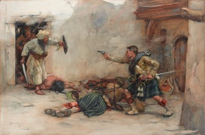 Drummer James Roddick of the 92nd Gordon Highlanders, defending Lieutenant Menzies during hand-to-hand fighting in Kandahar by William Skeoch Cumming