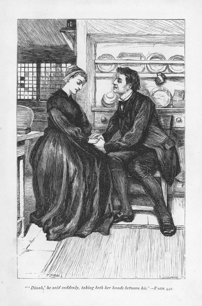 After the trials and tribulations of the story Adam Bede declares his love to Dinah Morris, the Methodist preacher. Adam Bede by George Eliot, first published 1859. Illustration by William Small by William Small