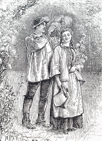 The crowning of the May Queen with a wreath of hawthorn by her sweetheart by William Small