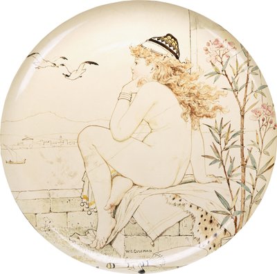 A Minton Art Pottery Studio charger, painted with a nude staring out to sea, 19th century by William Stephen Coleman