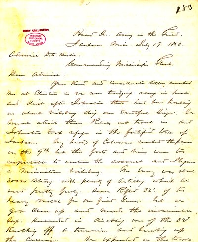 Letter from W. T. Sherman, headquarters, Army in the Field, Jackson, Mississippi, to David D. Porter, July 19, 1863 by William T. Sherman